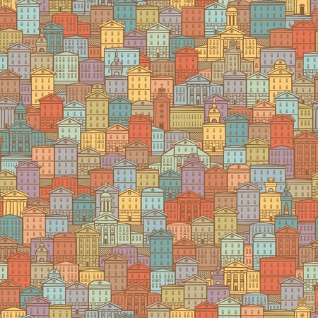Seamless pattern with old hand drawn buildings in retro styleのイラスト素材
