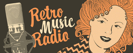 Vector banner for radio station with studio microphone, woman face and inscription Retro music radio.のイラスト素材