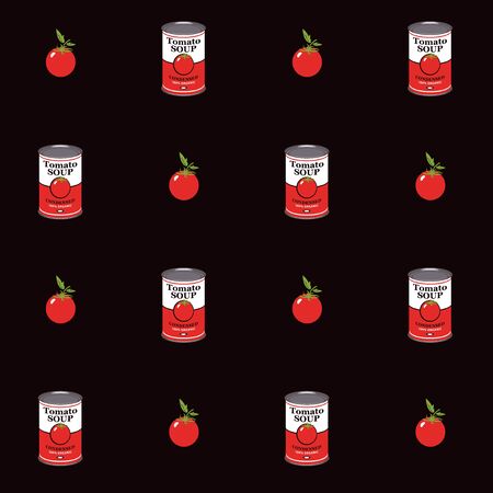 Vector seamless pattern with tomatoes and canned tomato soup cans in retro style on black background. Repeatable flat illustrations for condensed tomato soupのイラスト素材