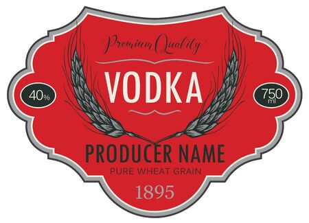 Label for vodka in the figured frame with ears of wheat and inscriptions on a red  in retro style.のイラスト素材