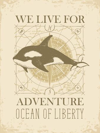 Vector banner with hand-drawn killer whale in retro styleのイラスト素材