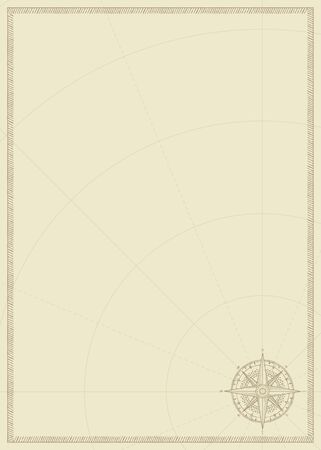 Old vintage paper with wind rose compass sign. Vector illustration on the theme of travel, adventure and discovery on the background of an old map. Pirate map concept.のイラスト素材