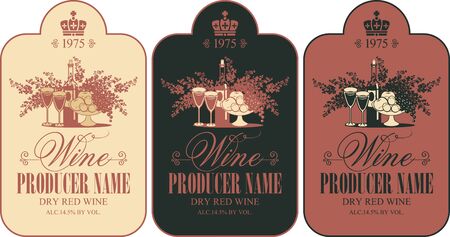 Vector set of wine labels with still life and calligraphic inscription in figured frame in retro styleのイラスト素材