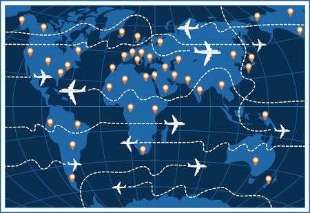 Vector banner or card on the theme of air travel. Flat illustration with airplanes and their dotted trajectories on a world map background with pointers.のイラスト素材