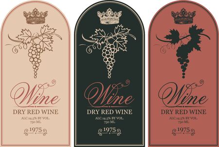 Vector set of three labels for wine with bunches of grapes, crowns and calligraphic inscriptions in retro styleのイラスト素材