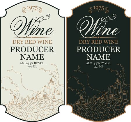 Set of two vector wine labels with calligraphic inscription and contour drawing of rural landscape in figured frame in retro styleのイラスト素材