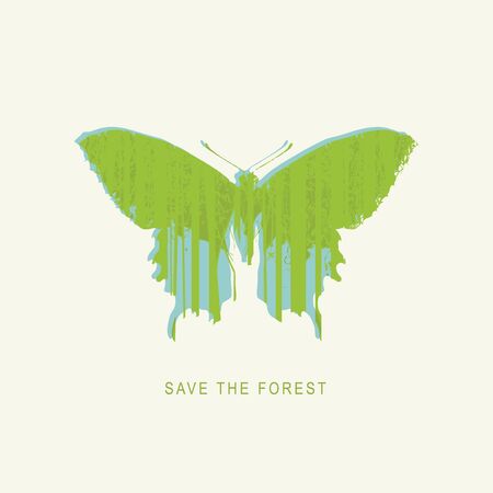 Vector illustration on the theme of environmental protection with the words Save the forest. Abstract poster in the form of a butterfly with silhouettes of trees. Eco Poster Conceptのイラスト素材