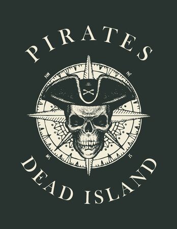 Pirate skull in cocked hat, wind rose compass and the words Pirates Dead Island. Jolly Roger. Vector hand-drawn banner on the theme of travel, adventure and discovery. Nautical vintage designのイラスト素材