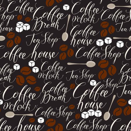 Vector seamless pattern on tea and coffee theme in retro style. Repeatable background with coffee beans, spoons, sugar and handwritten inscriptions. Suitable for wallpaper, wrapping paper, fabricのイラスト素材