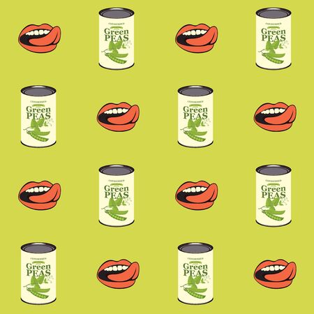 Vector seamless pattern with green peas, green pea cans and human mouths in retro style on light green background. Repeatable flat illustrations for canned green peasのイラスト素材