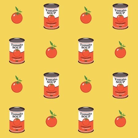 Vector seamless pattern with tomatoes and canned tomato soup cans in retro style on yellow background. Repeatable flat illustrations for condensed tomato soupのイラスト素材
