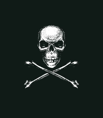 Sketch vector illustration, hand drawn human skull and crossbones on black background. Jolly Roger. Pirate symbol or danger warning signのイラスト素材