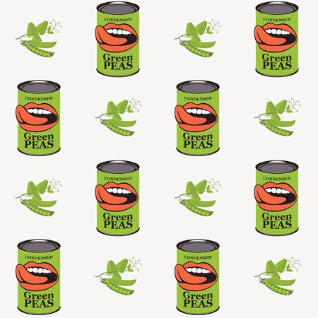 Vector seamless pattern with green peas, green pea cans and human mouths in retro style on light background. Repeatable flat illustrations for canned green peasのイラスト素材