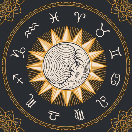 Vector circle of the Zodiac signs in retro style with hand-drawn Sun, crescent Moon and floral patterns in the corners. Horoscope circle with twelve symbols for astrological forecastsのイラスト素材