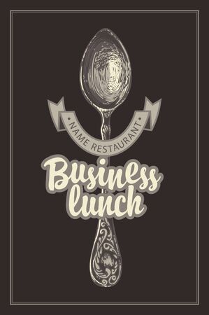 Business lunch menu for restaurant with hand-drawn spoon, ribbon and calligraphic inscription in retro style on a darkのイラスト素材