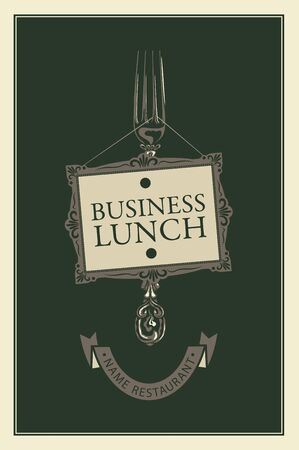 Vector business lunch menu for restaurant with realistic fork, picture frame and ribbon in retro style on a darkのイラスト素材