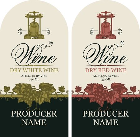 Vector set of two labels for wine with bunches of grape, wine press and calligraphic inscription in retro styleのイラスト素材