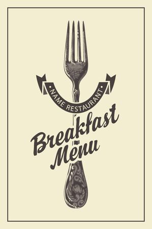 Vector breakfast menu for restaurant with hand-drawn fork, ribbon and calligraphic inscription in retro style on a lightのイラスト素材