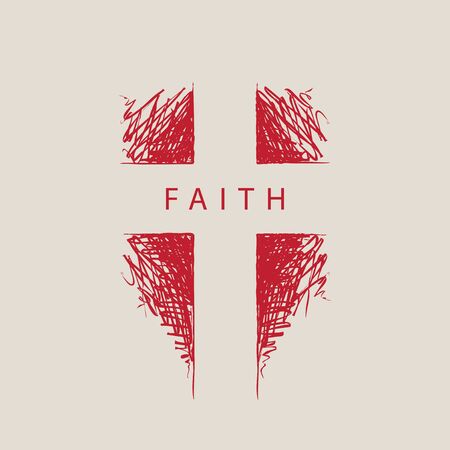 The sign of the abstract hand-drawn cross with the word faith. Religious symbol. Vector illustration. Red pencil drawingのイラスト素材