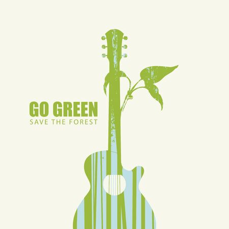 Vector illustration on the theme of environmental protection with the words Go green, Save the forest. Abstract poster in the form of guitar and twig with silhouettes of trees. Eco Poster Conceptのイラスト素材