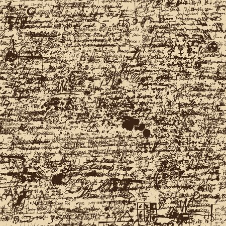 Vector seamless pattern with spots, ink blots, illegible entries and notes. Abstract background with unreadable scribbles imitating handwritten text. Suitable for wallpaper, wrapping paper or fabricのイラスト素材