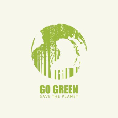 Vector illustration on the theme of environmental protection with the words Go green, Save the planet. Abstract poster in the form of planet Earth with silhouettes of trees. Eco Poster Conceptのイラスト素材