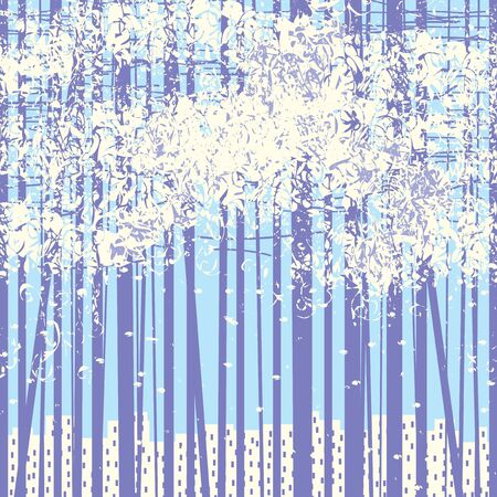 Vector seamless pattern with young trees against urban high-rise buildings. Decorative abstract background with slender trees and cityscape. Winter landscape with snow-covered park, grove or forest.のイラスト素材