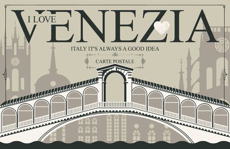 Retro postcard with words I love Venezia. Vintage vector card with the Ponte di Rialto bridge, the famous Venice architectural attraction. Italy it is always a good idea.のイラスト素材