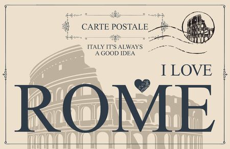 Retro postcard with words I love Rome and a postmark. Vintage vector card with the image of Roman Coliseum, the famous architectural landmark of Ancient Romeのイラスト素材
