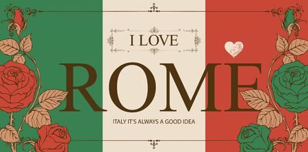 Vector card in the colors of the Italian flag in frame with curlicues in vintage style. Retro postcard or banner with words I love Rome, decorated by green and red roses.のイラスト素材