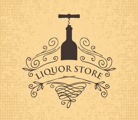 Vector banner or label for liquor store with curlicues, bottle and corkscrew in retro styleのイラスト素材