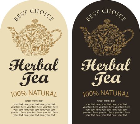 Set of two vector labels for a herbal tea with sketches, calligraphic inscriptions and place for text in retro style. Tea labels with teapot or kettle consisting of hand-drawn medicinal herbs.のイラスト素材