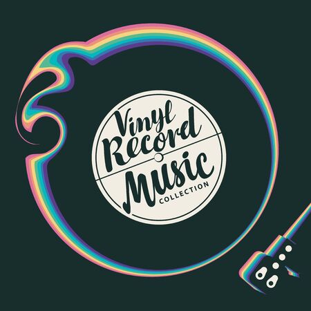 Vector music poster with vinyl record, record player and calligraphic inscriptions with rainbow decoration. Suitable for flyer, leaflet, card, brochure, invitation, coverのイラスト素材