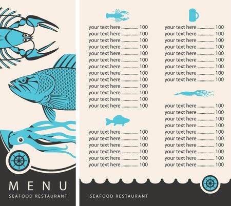 Vector menu booklet with price list for seafood restaurant with images of sea animals and fishのイラスト素材