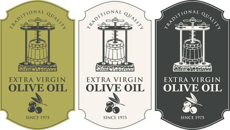 Set of three vector labels for extra virgin olive oil with olive twig, rural oil press and barrel in figured frame in retro style. Hand sketched farm production sign.のイラスト素材