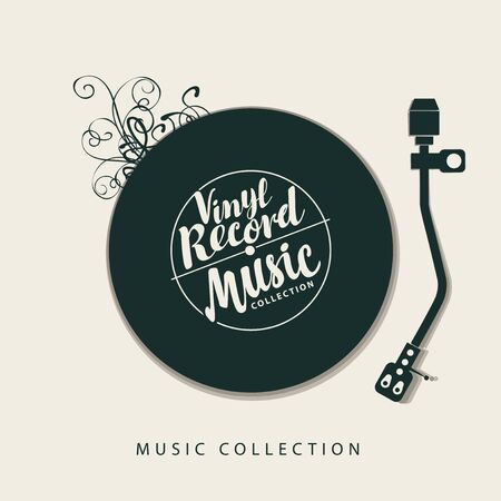 Vector music poster with vinyl record, record player and calligraphic lettering in retro style. Can be used as design elements for flyer, card, brochure, invitationのイラスト素材