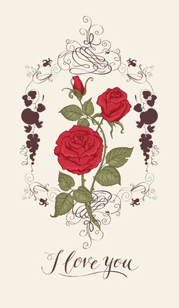 Vector greeting card or postcard with red roses. Romantic Valentine card in vintage style with handwritten inscription I love youのイラスト素材