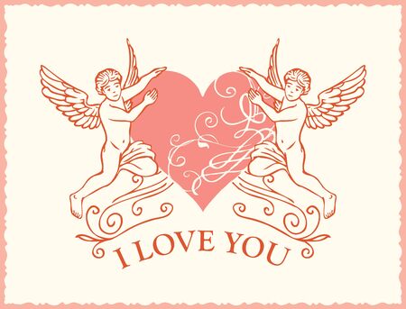 Vector greeting card or banner with inscription I Love you. Valentine card on the theme of declaration of love with angels and heart in retro styleのイラスト素材