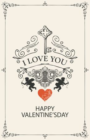 Romantic Valentine card with words I Love you in vintage style. Vector greeting card or postcard on the theme of declaration of love with key, keyhole, heart and cupids in frame with curlsのイラスト素材