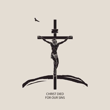 Vector banner or icon on religious theme with crucified Jesus Christ on the hill, flying eagle and words Christ died for our sins on beige background. Vector illustration for Easter celebrationのイラスト素材