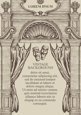 Vintage background or frame for a certificate or diploma in the form of the facade of an old building with theatrical masks and a curtain. Vector hand-drawn illustration with place for textのイラスト素材