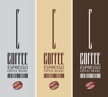 Vector set of three vertical labels for coffee beans. Coffee labels with coffee bean and barcode on the striped backgroundのイラスト素材