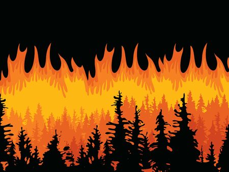 Vector illustration in black and orange colors with flaming forest. Black silhouettes of trees on the background of forest fire. Save forest conceptのイラスト素材