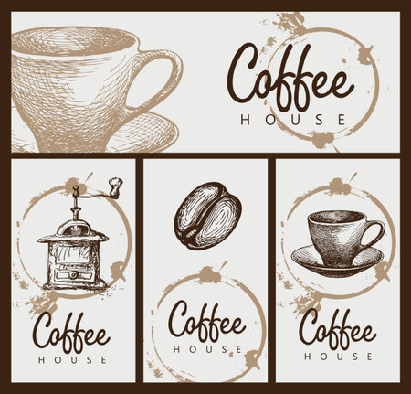Set of vector banners on the theme of coffee house with hand-drawn sketches and inscriptions with coffee spots. Template for label, badge, flyer, business card, menu, package, design elementのイラスト素材