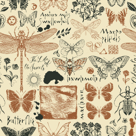 Vector seamless pattern with butterflies. Hand-drawn background with sketches of various butterflies and other insects with inscriptions in retro style. Suitable for wallpaper, wrapping paper, fabricのイラスト素材