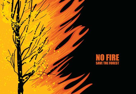 Vector illustration on the theme of wildfires with the text-No fire, Save the Forest. Abstract banner with black silhouette of flaming tree. Save forest concept, ECO-Posterのイラスト素材