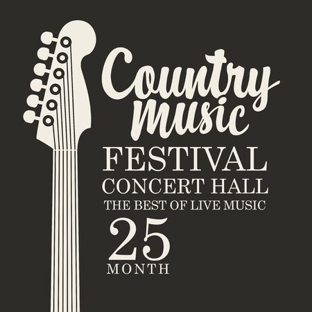 Vector poster for the country music festival with a guitar and inscription on the black background in retro style. Suitable for playbill, flyer, banner, invitation, coverのイラスト素材