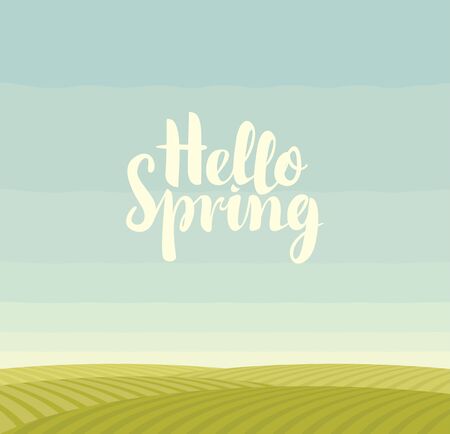 Vector cartoon landscape with green fields, blue sky and calligraphic inscription Hello spring. Decorative illustration or background in flat style.のイラスト素材