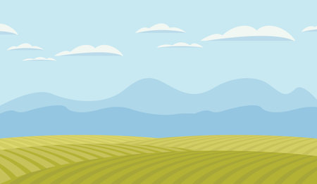 Vector landscape with green fields, mountains and sky with clouds. Decorative illustration or background in flat style.のイラスト素材