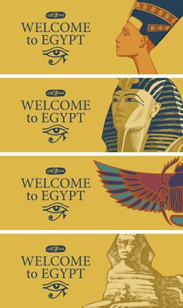Set of vector travel banners with Nefertiti, Tutankhamun, scarab and Sphinx. Advertising flyers or posters for travel agency with words Welcome to Egypt and Egyptian attractionsのイラスト素材